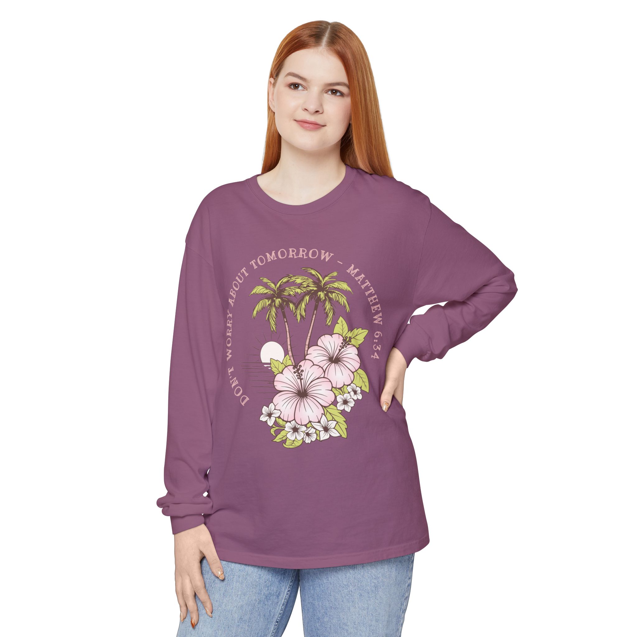 Don’t Worry About Tomorrow – Matthew 6:34 | Comfort Colors® Long Sleeve Tee - Image 3